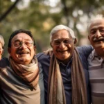 Four senior friends smiling with arms around each other