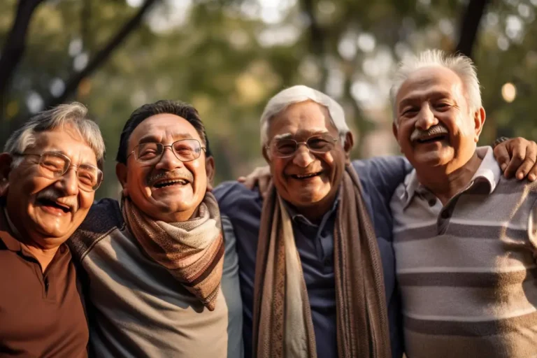 Four senior friends smiling with arms around each other