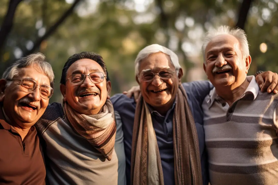 Four senior friends smiling with arms around each other